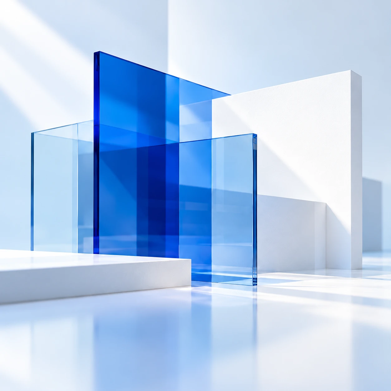 Translucent blue glass planes in a white architectural setting